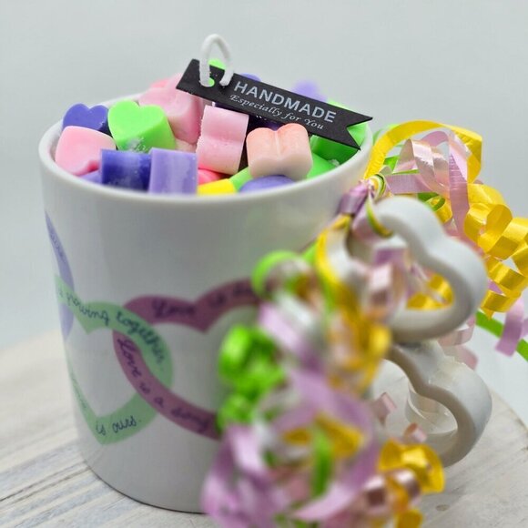 Handmade ✦ Love Is… Ceramic Mug Candle ✦ Rainbow Heart Wax Sherbet Scent NWT - Picture 7 of 10
